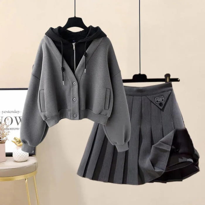 Colorblock Pocket Hoodie Pleated Skirt Set - Gray Hoodie
