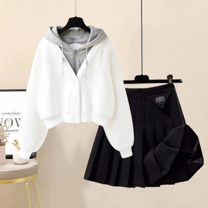 Colorblock Pocket Hoodie Pleated Skirt Set - White Hoodie