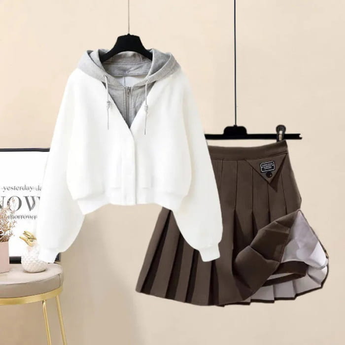 Colorblock Pocket Hoodie Pleated Skirt Set - White Hoodie