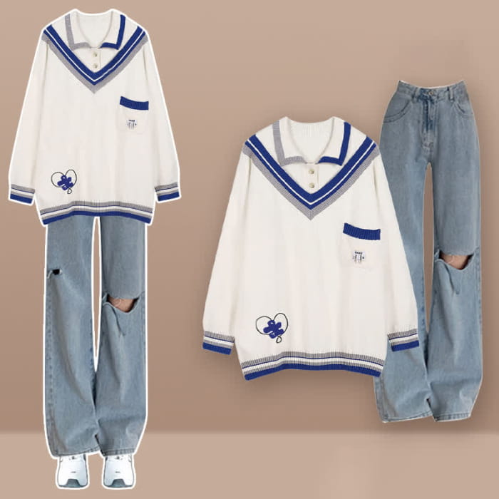 Colorblock Polo Knit Sweater Denim Pants Set - A / M