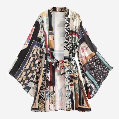 Colorblock Print Cardigan Kimono Outerwear Wide Leg Pants