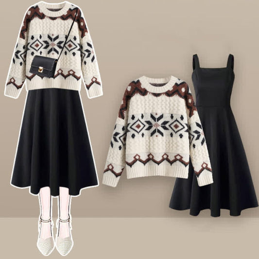 Colorblock Round Collar SweaterMidi Skirt - Set A / M
