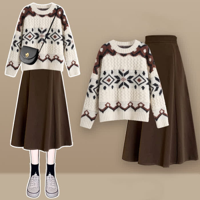 Colorblock Round Collar SweaterMidi Skirt - Set B / M