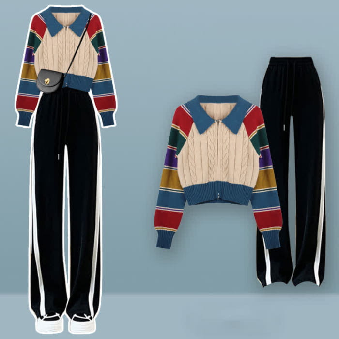 Colorblock Stripe Cardigan Sweater Pants Set - Sweater