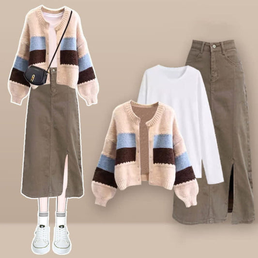 Colorblock Stripe Cardigan Sweater Shirt Denim Skirt