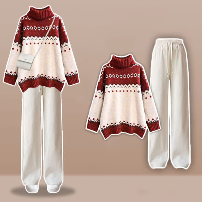 Colorblock Turtleneck Sweater White Pants Set