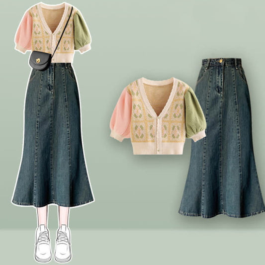 Colorblock V-neck T-Shirt Fishtail Denim Skirt Set