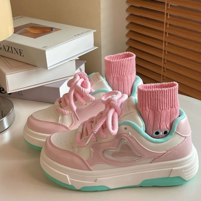 Colored Overlay Platform Sneakers - Pink / 35