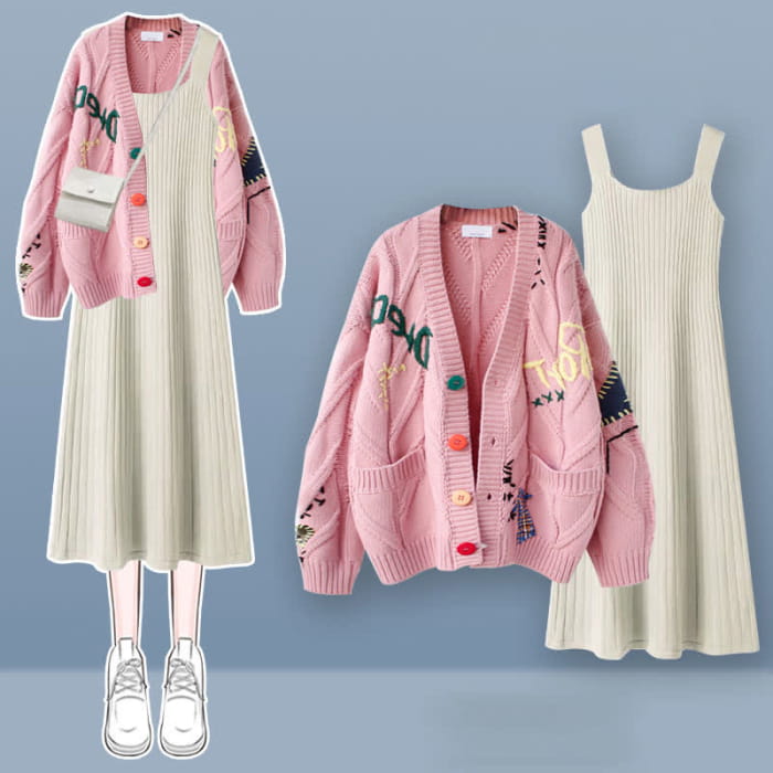 Colorful Embroidery Cardigan Sweater Slip Dress Set - Pink