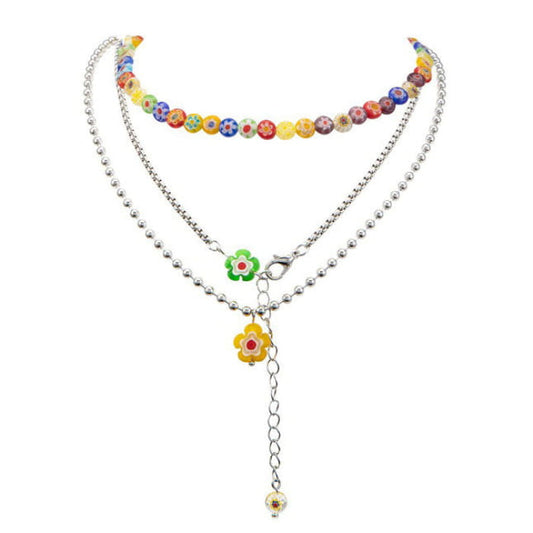 Colorful Flower Layered Necklace - Standart / Silver