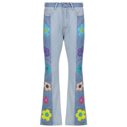 Colorful Flowers Denim Jeans - M / Blue