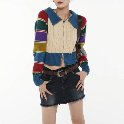 Colorful Sleeves Zip Up Cardigan - Cardigans