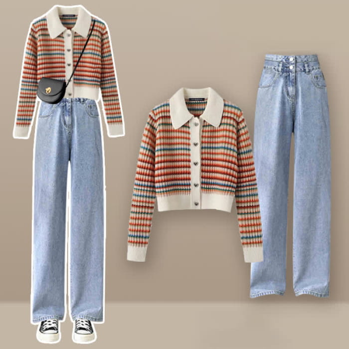 Colorful Stripe Rainbow Cardigan Casual Pants - Set A / M