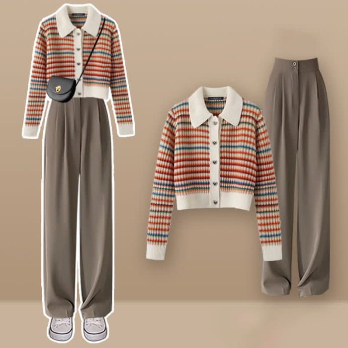 Colorful Stripe Rainbow Cardigan Casual Pants - Set D / M