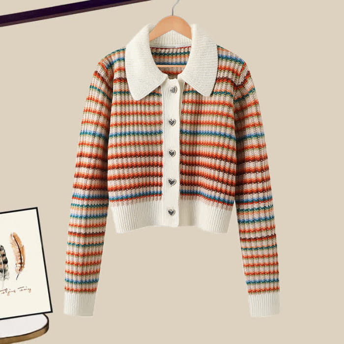 Colorful Stripe Rainbow Cardigan Casual Pants - Sweater / M