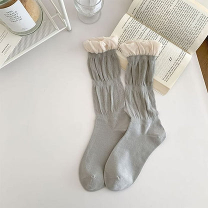 Contrast Frill Trim Mid-Calf Socks - Gray / One Size