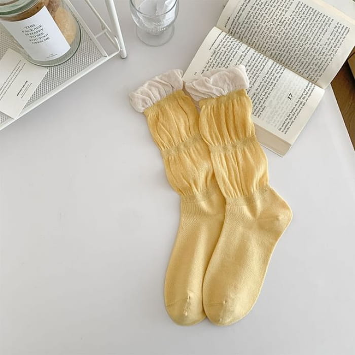 Contrast Frill Trim Mid-Calf Socks - Yellow / One Size