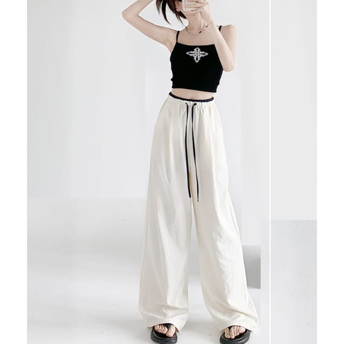 Contrast Panel Drawstring High Rise Wide Leg Sweatpants