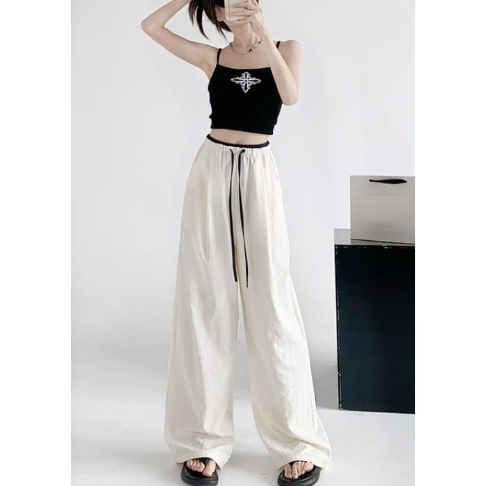 Contrast Panel Drawstring High Rise Wide Leg Sweatpants