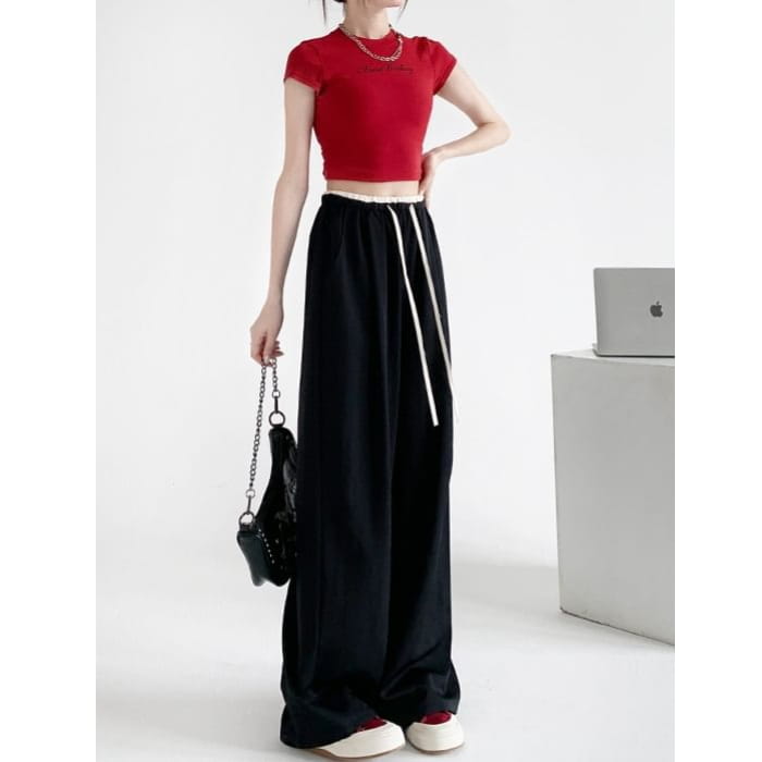 Contrast Panel Drawstring High Rise Wide Leg Sweatpants