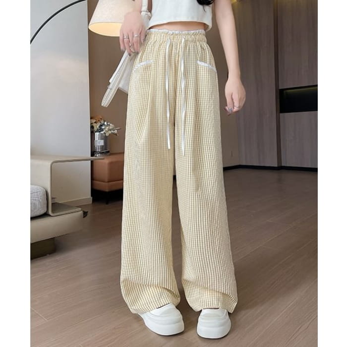 Contrast Panel Pocket Drawstring High Waist Wide Leg Pants