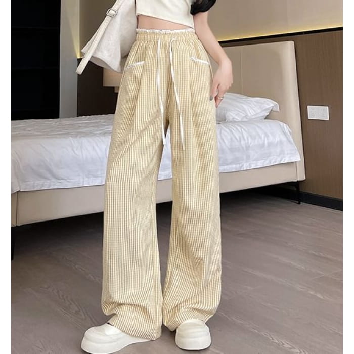 Contrast Panel Pocket Drawstring High Waist Wide Leg Pants