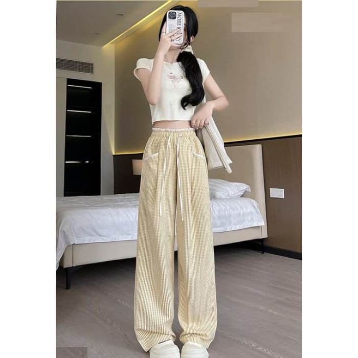 Contrast Panel Pocket Drawstring High Waist Wide Leg Pants