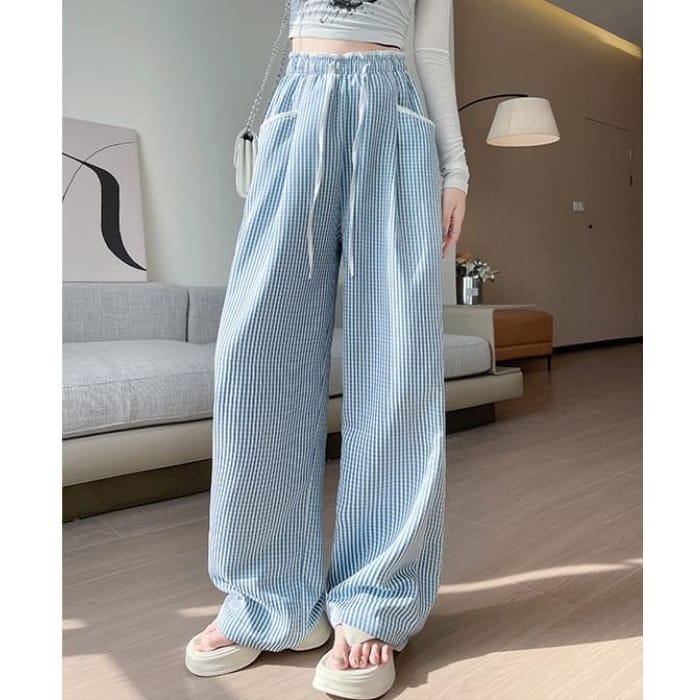 Contrast Panel Pocket Drawstring High Waist Wide Leg Pants