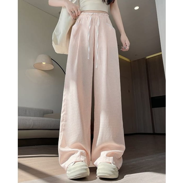 Contrast Panel Pocket Drawstring High Waist Wide Leg Pants