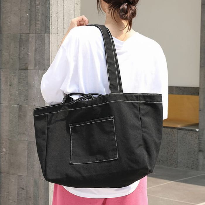 Contrast Stitch Canvas Tote Bag - Black / One Size