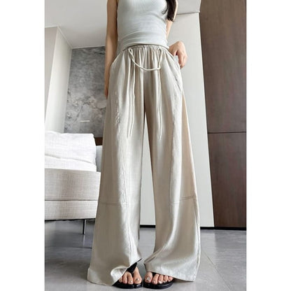 Contrast String High Rise Wide Leg Drape Pants