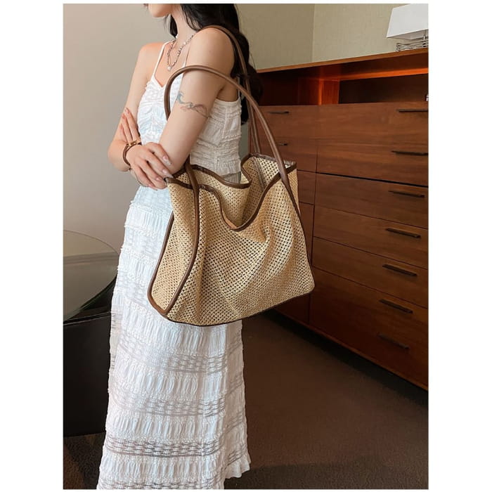 Contrast Trim Perforated Woven Tote Bag