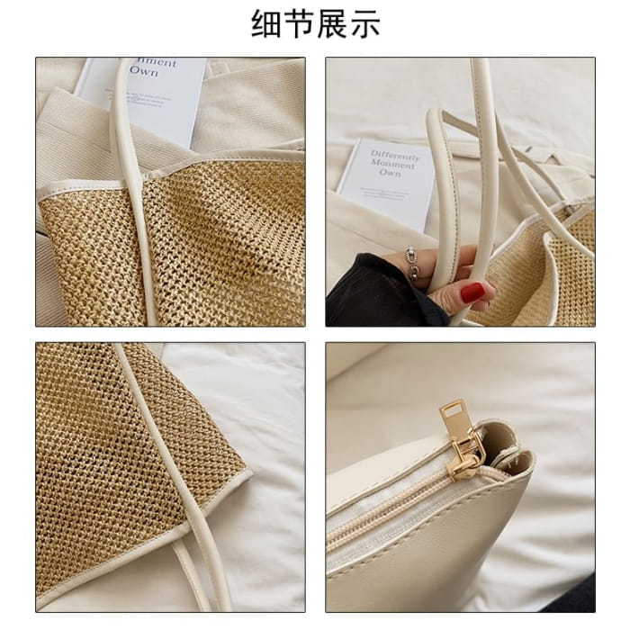 Contrast Trim Perforated Woven Tote Bag