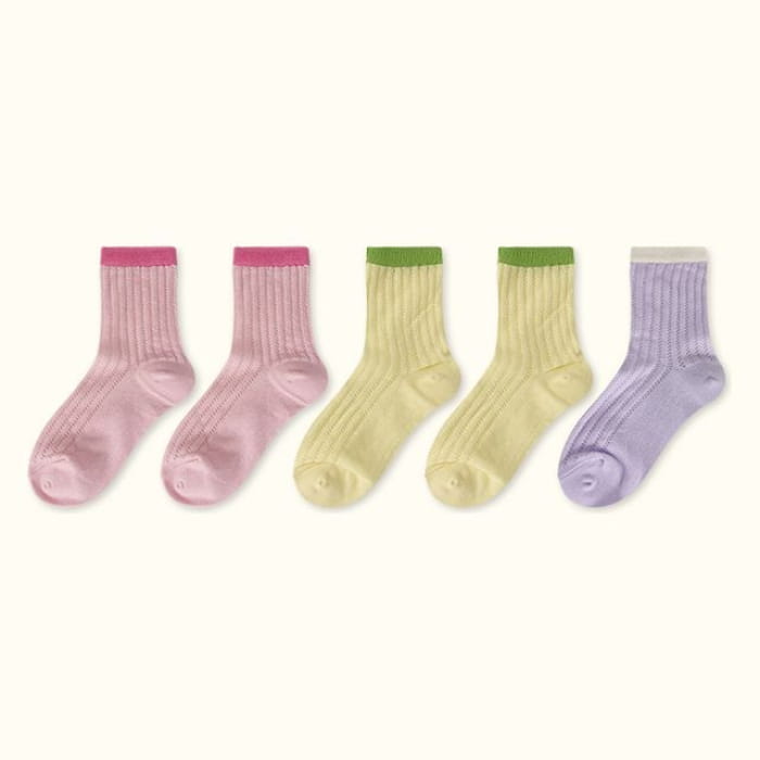 Contrast Trim Pointelle Knit Socks / Set - Type 14 - of 5