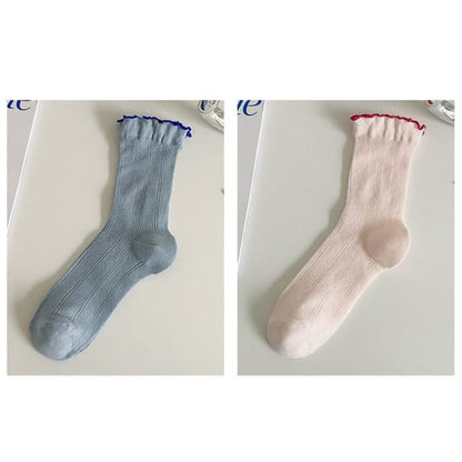 Contrast Trim Socks Set - Of 2 Pairs - Blue & Pink