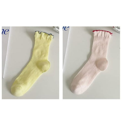 Contrast Trim Socks Set - Of 2 Pairs - Yellow & Pink