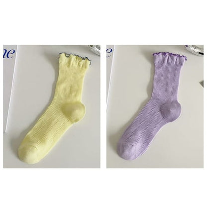 Contrast Trim Socks Set - Of 2 Pairs - Yellow & Purple