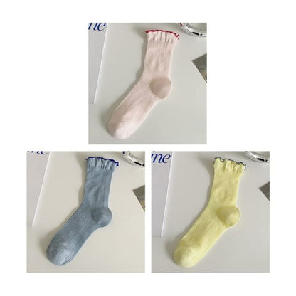 Contrast Trim Socks Set - Of 3 Pairs- Pink & Blue Yellow