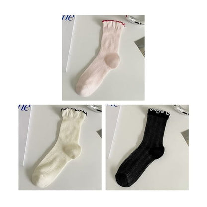 Contrast Trim Socks Set - Of 3 Pairs- Pink & White Black