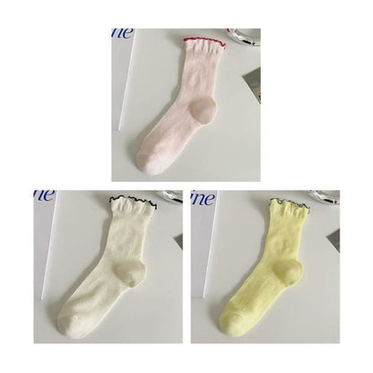 Contrast Trim Socks Set - Of 3 Pairs- Pink & White Yellow