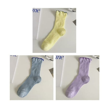 Contrast Trim Socks Set - Of 3 Pairs- Yellow & Blue Purple