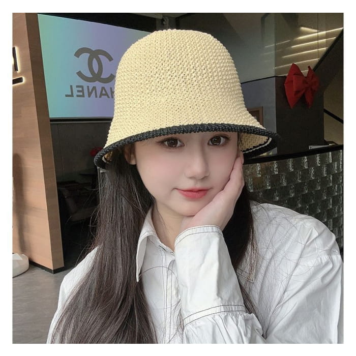 Contrast Trim Straw Bucket Hat