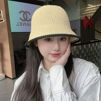 Contrast Trim Straw Bucket Hat - D-233 - Black - Beige / L