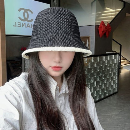 Contrast Trim Straw Bucket Hat - D-233 - White - Black / L