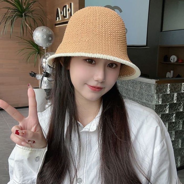 Contrast Trim Straw Bucket Hat - D-233 - White - Coffee / L