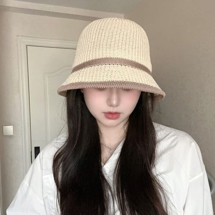 Contrast Trim Straw Bucket Hat - D-235 - Stripes - Beige / L