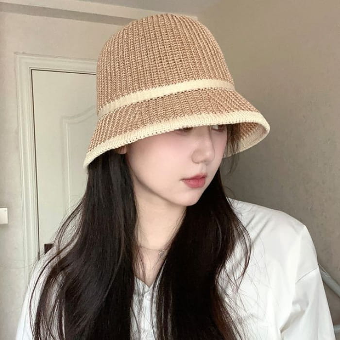 Contrast Trim Straw Bucket Hat - D-235 - Stripes - Khaki / L