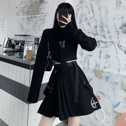 Cool Black Pocket Shirt Pleated Skirt Tie Set