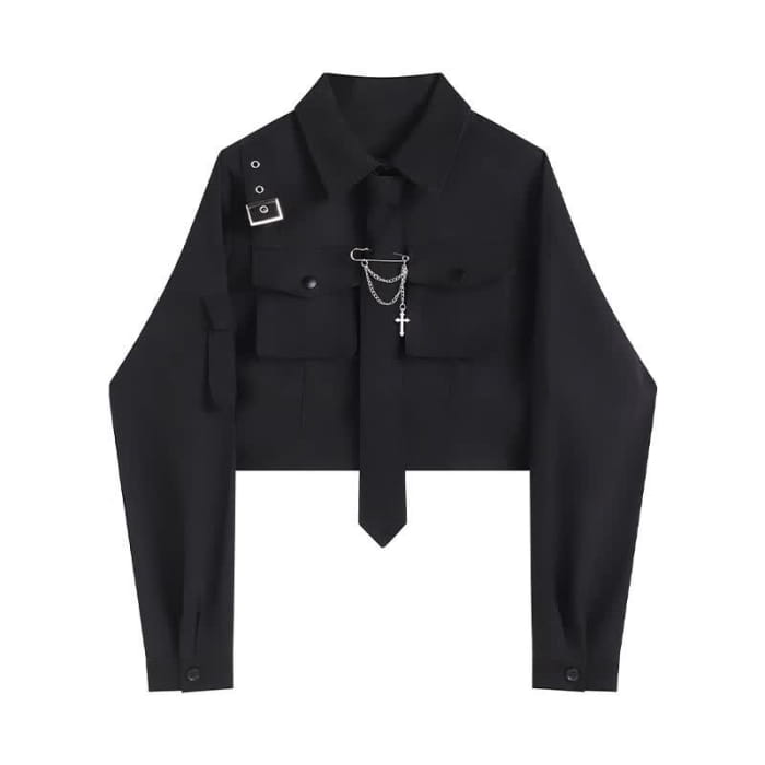 Cool Black Pocket Shirt Pleated Skirt Tie Set - Shirt(With