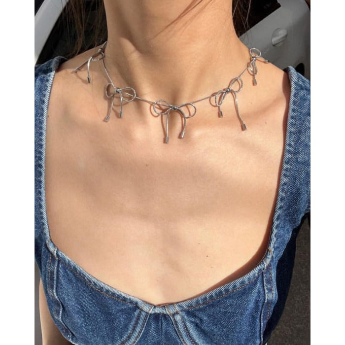 Coquette Silver Bows Choker - Standart / Necklace